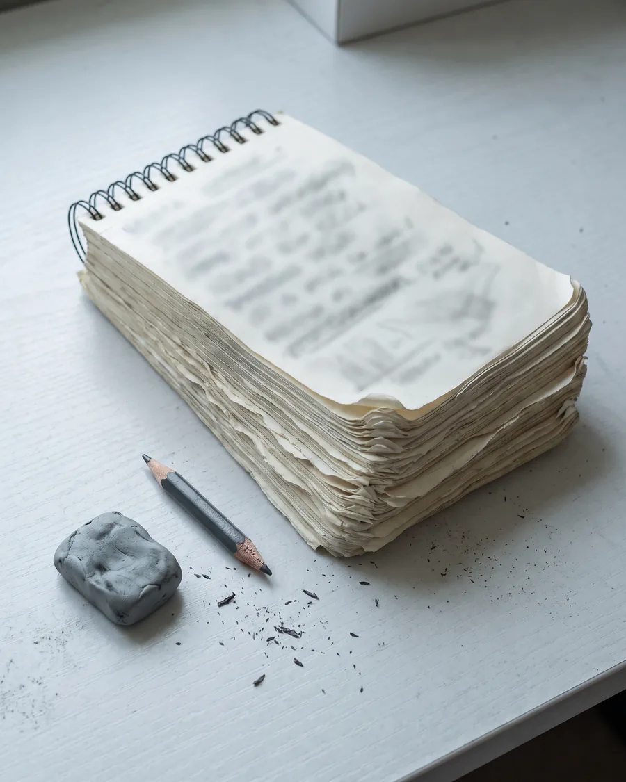 Un cuaderno de dibujo con el bloque de páginas hinchado por el uso, junto a un lápiz gastado, una goma y viruta de grafito
