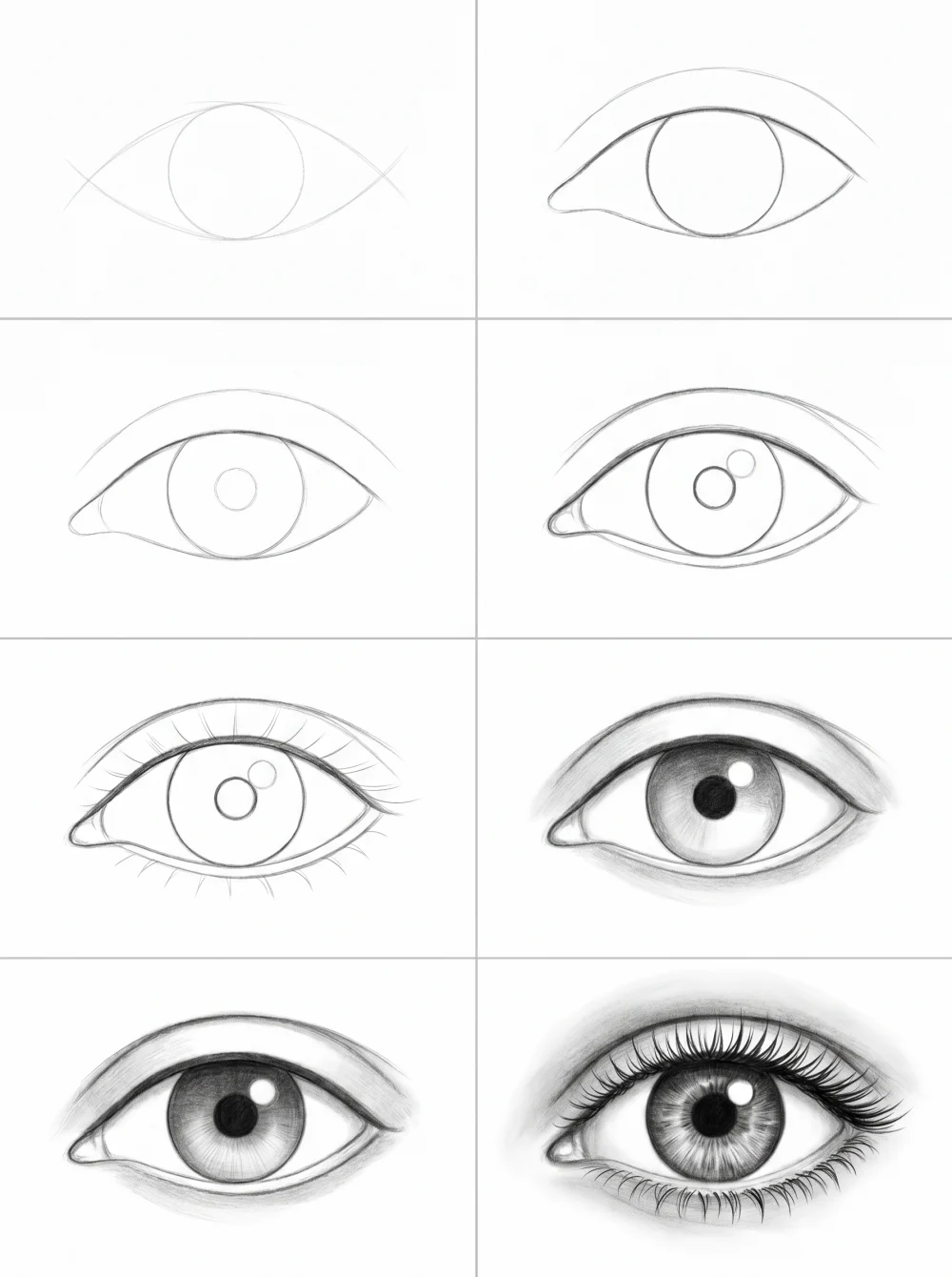 Lámina paso a paso: cómo dibujar un ojo realista en ocho etapas, del boceto al detalle final