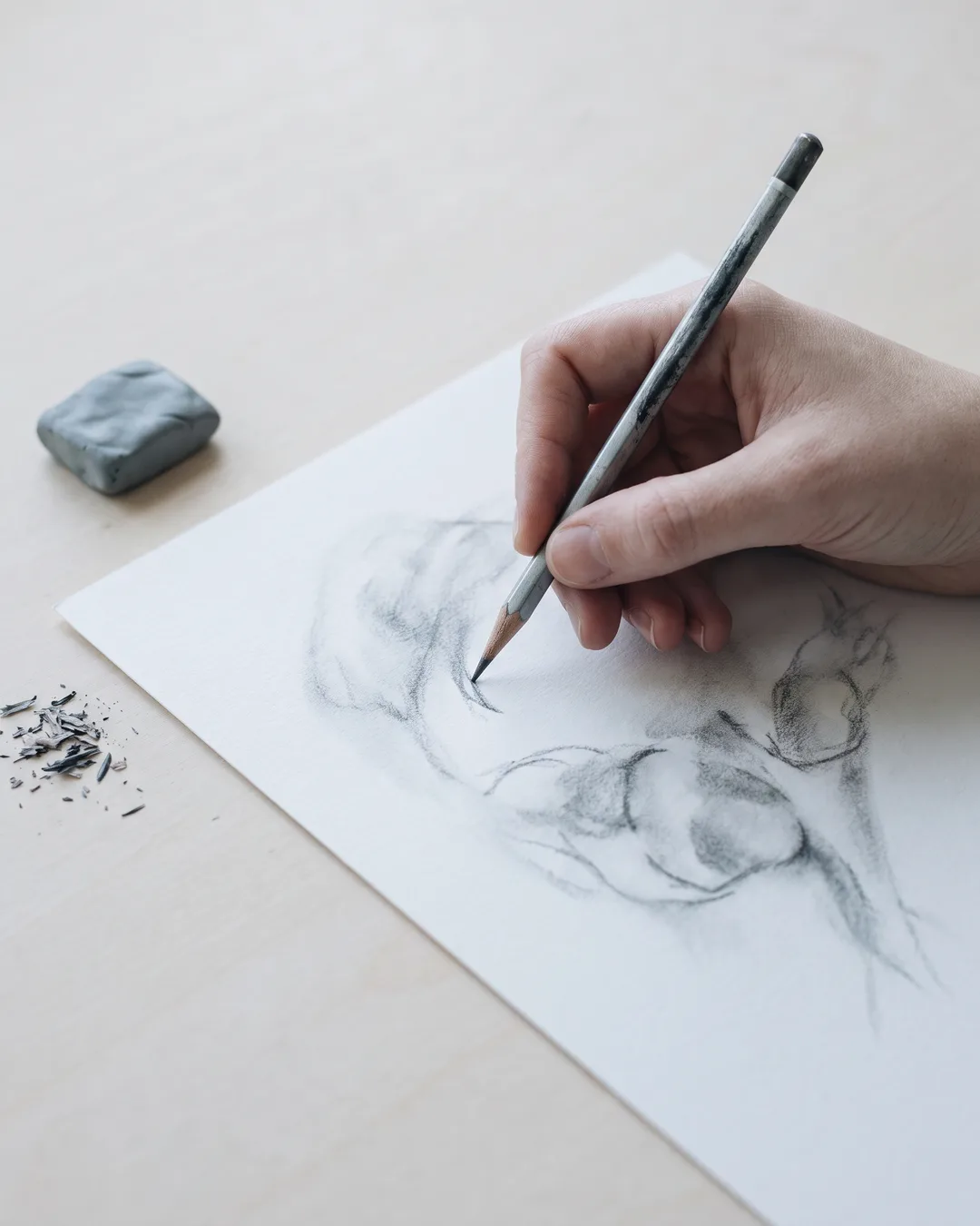 Una mano sosteniendo un lápiz de grafito, dibujando sobre papel texturado