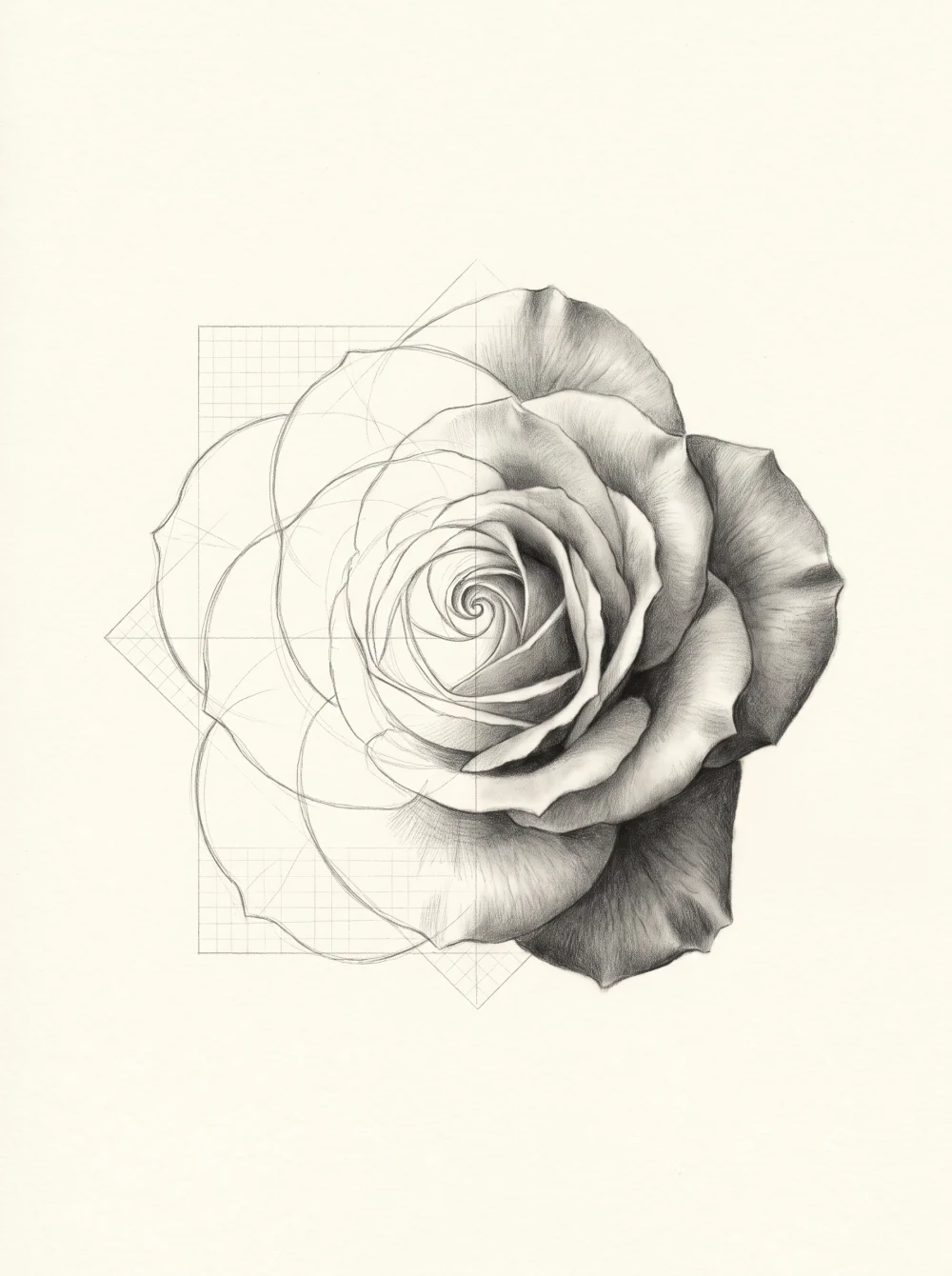 Dibujo a lápiz de una rosa construida sobre la Grilla Guía y las formas base